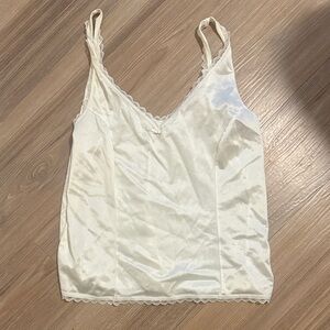 White Cream Lace Bow Vintage Elegant Cream Satin Camisole Tank Nightgown Top
